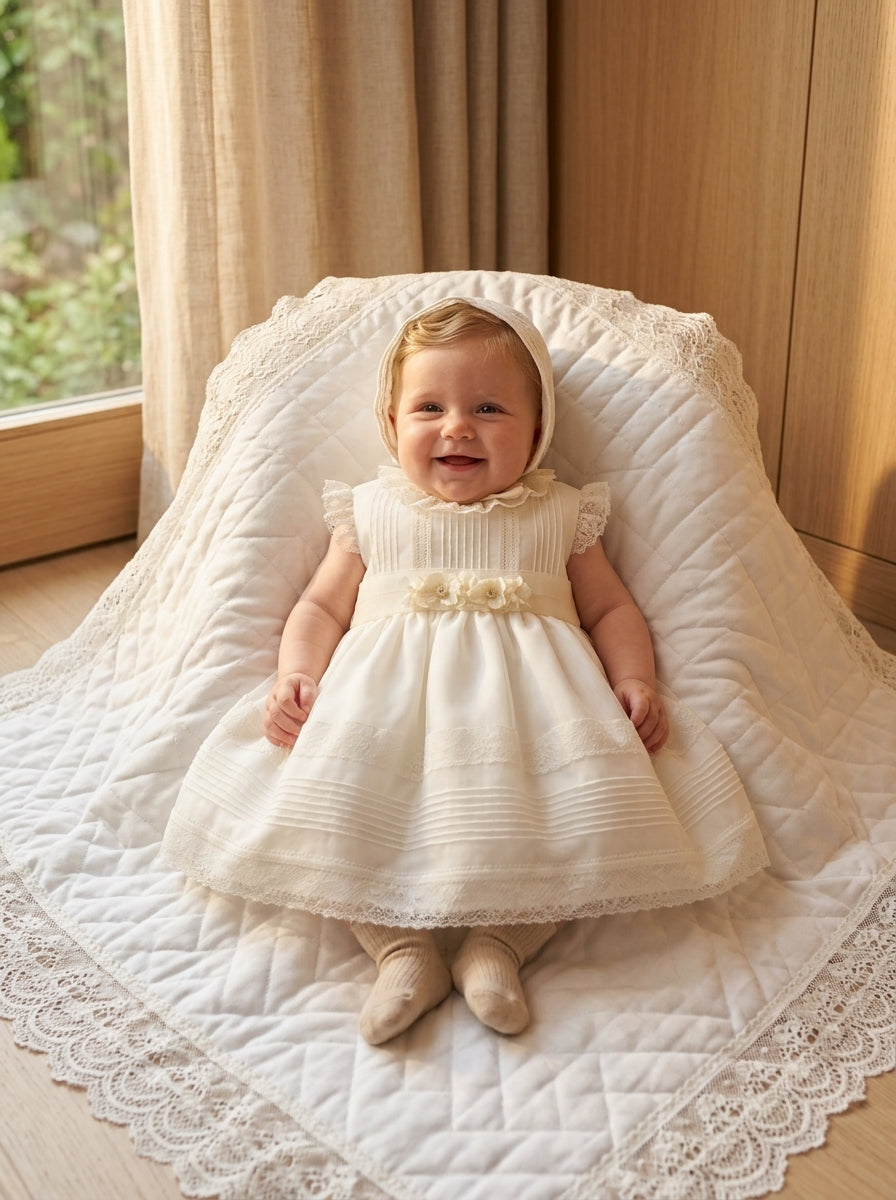 Vestido organza beig con vainicas y capota a juego