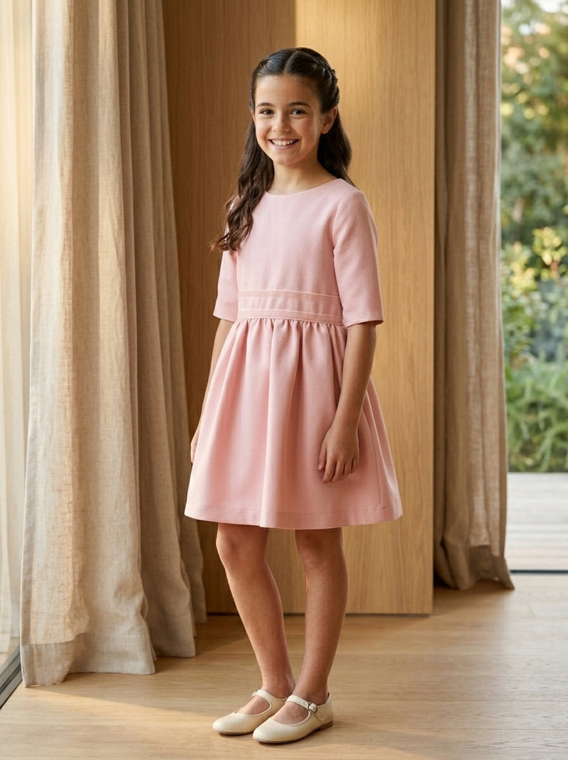 Vestido mikado cuadrille rosa manga francesa falda fruncida