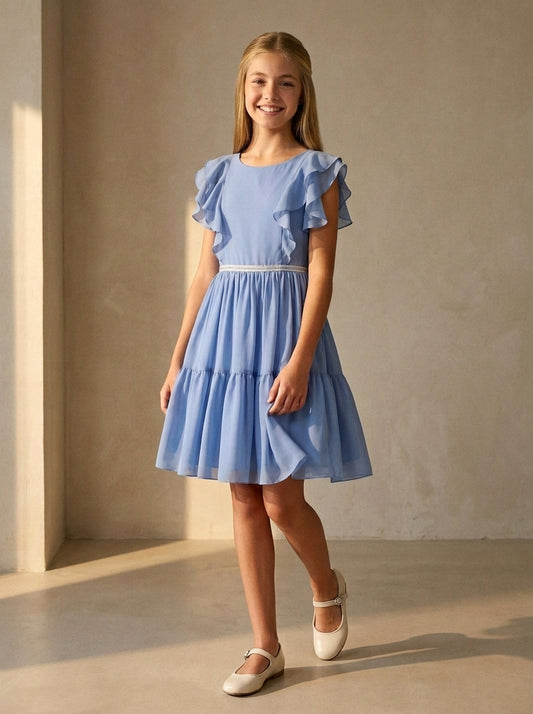 Vestido gasa azul con volantes