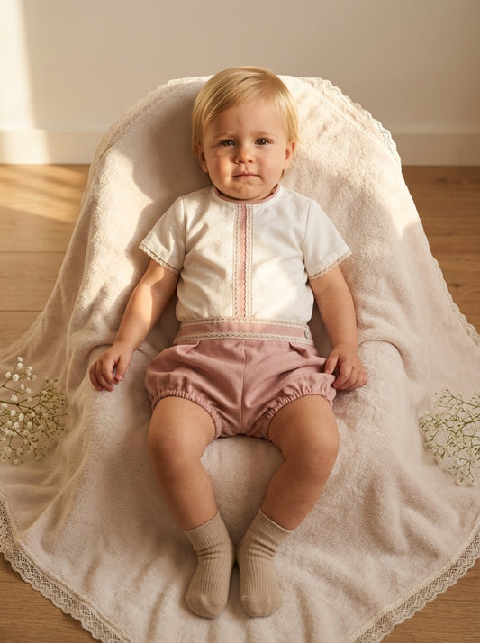 Conjunto camisa beig y bombacho lino rosa empolvado