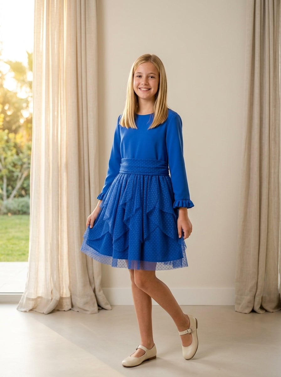 Vestido azulon manga larga y volantes tul