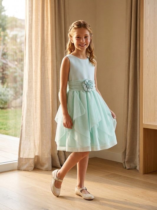 Vestido mikado verde agua con tul y lazada