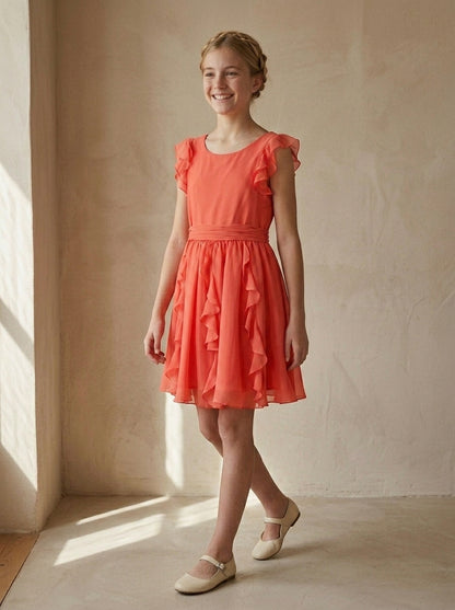 Vestido gasa coral con volantes