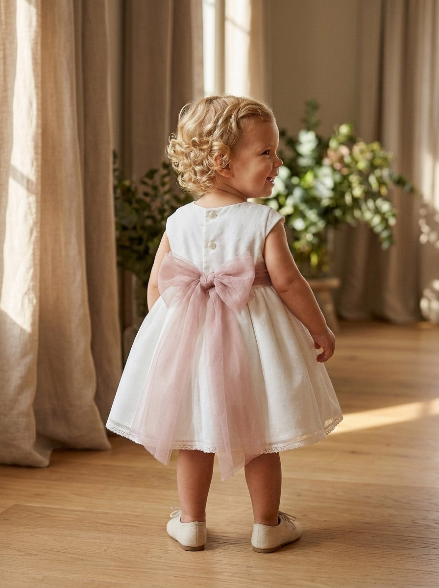 Vestido tul de plumeti con fajin rosa