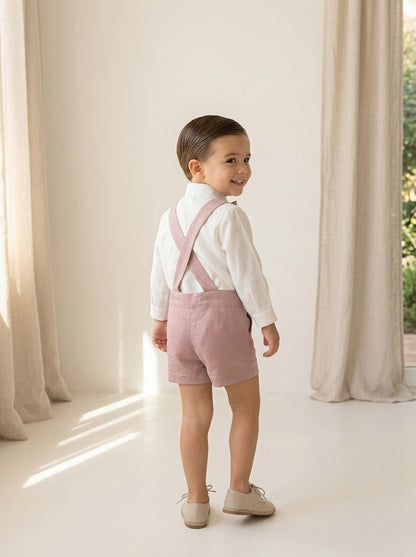 Conjunto camisa beig y short con tirantes rosa