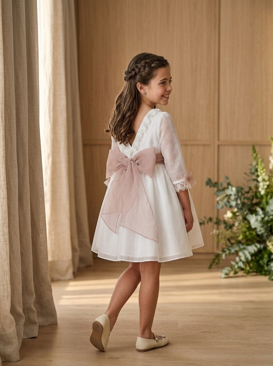 Vestido blanco organza rayada manga francesa