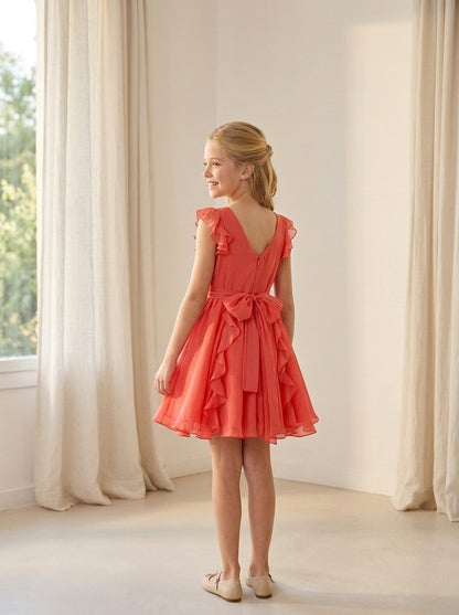 Vestido gasa coral con volantes