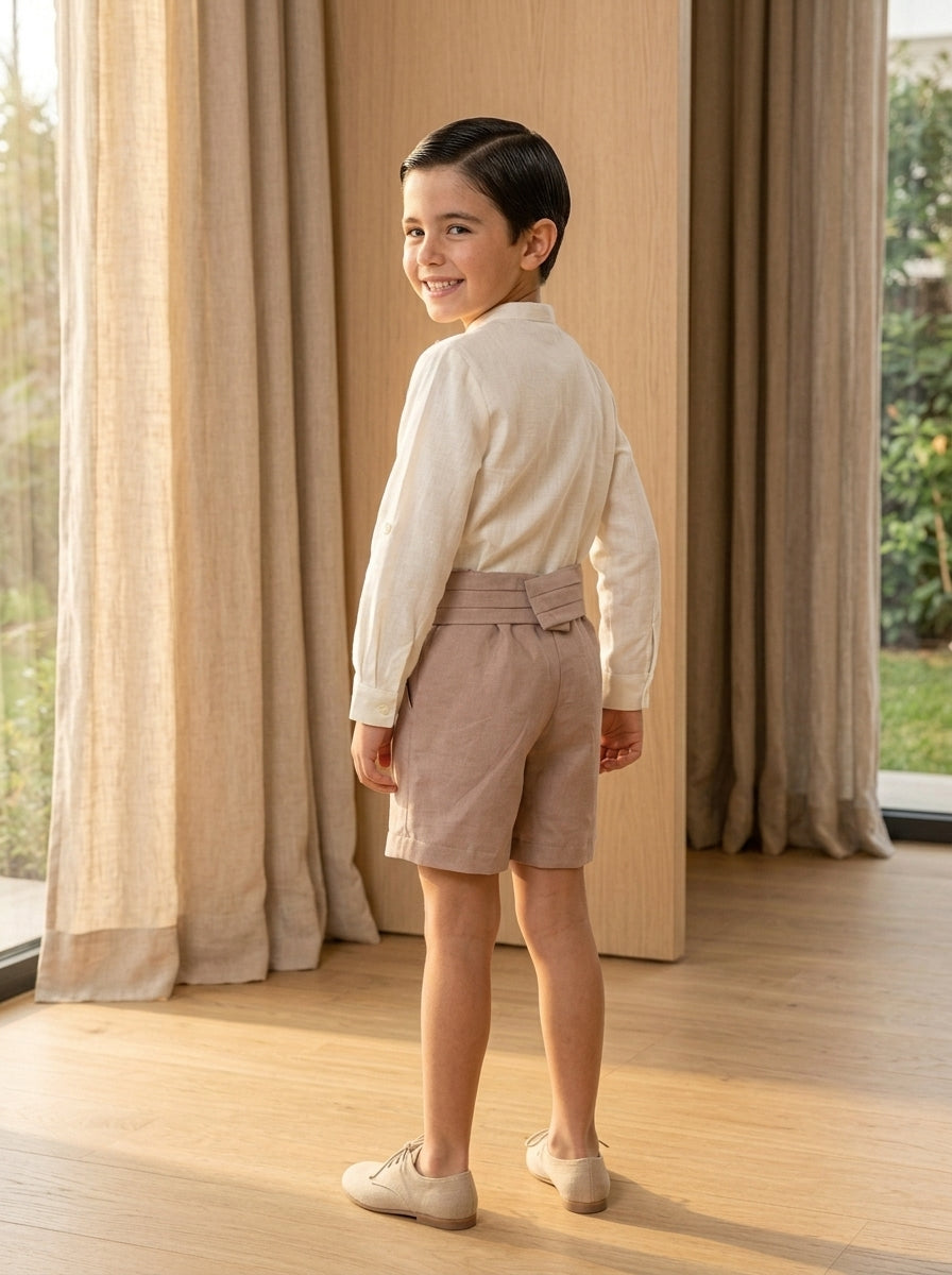 Conjunto camisa lino con pajarita rosa y short lino rosa empolvado fajin tablas