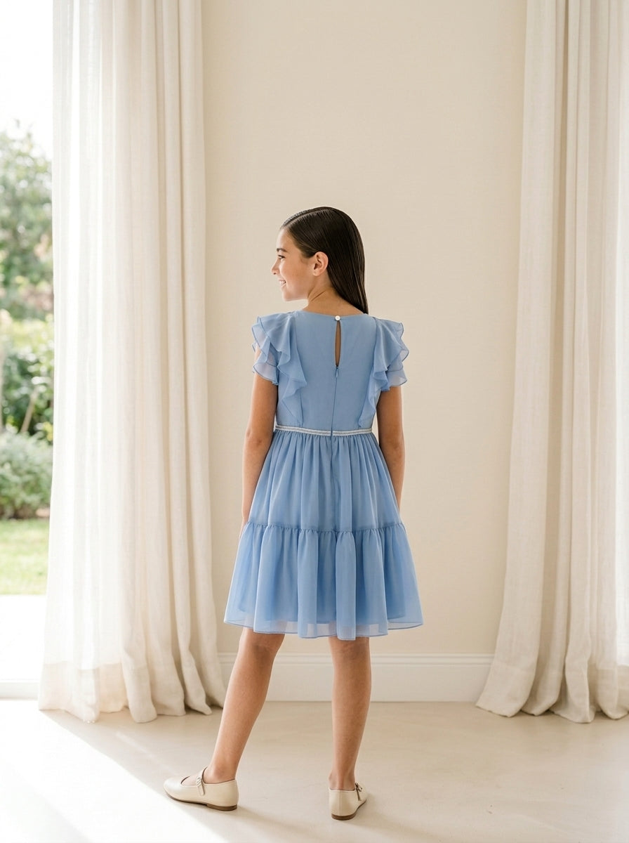 Vestido gasa azul con volantes