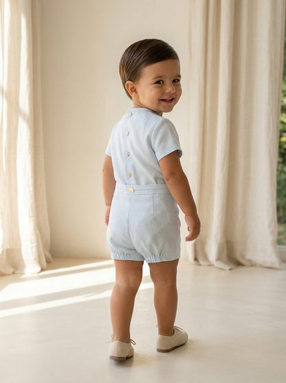 Conjunto camisa y short azul bebé con puntilla