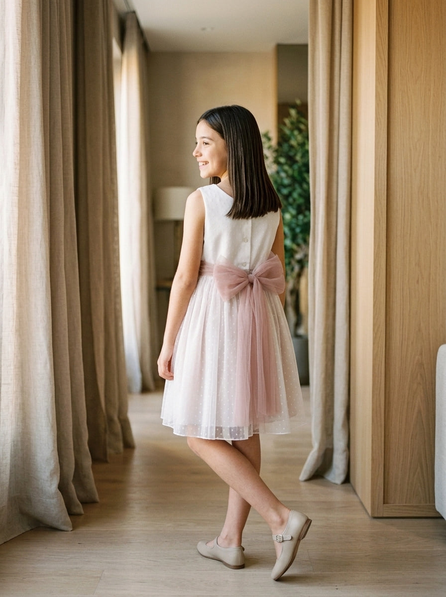 Vestido tul rosa empolvado sin mangas