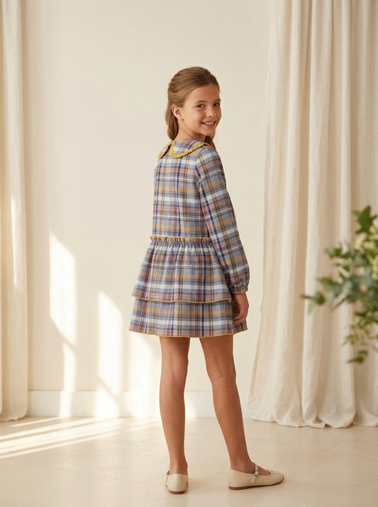 Vestido cuadros azules y mostaza "Enero"