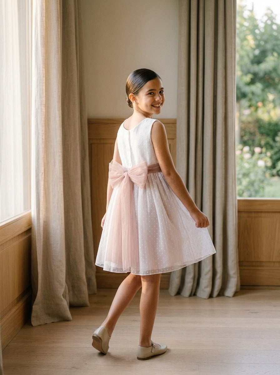 Vestido tul rosa empolvado sin mangas