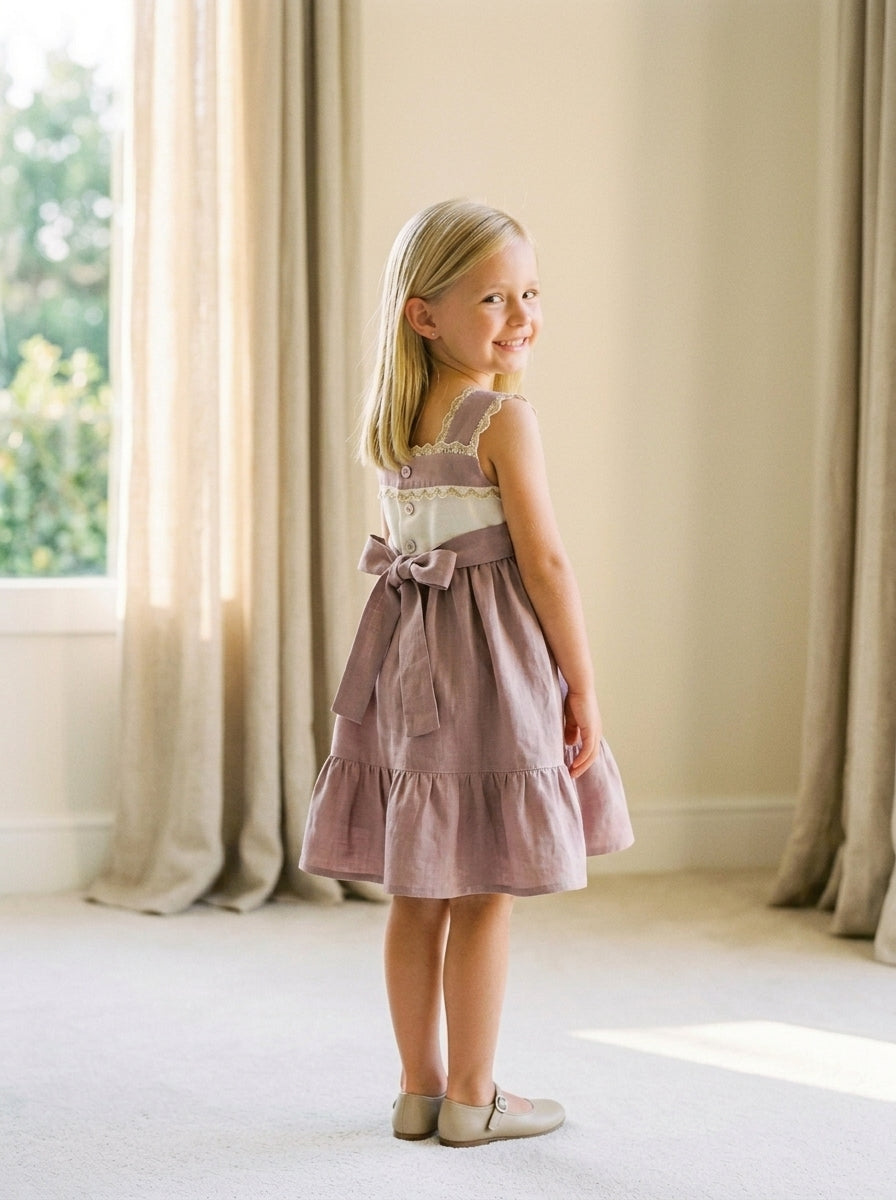 Vestido tirantes lino malva con puntillas