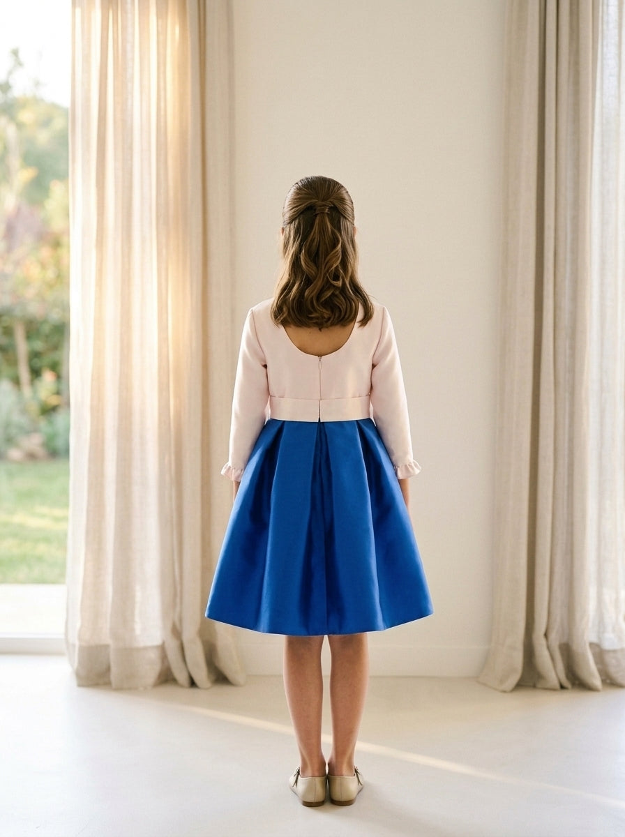 Vestido mikado rosa y azulon con lazo