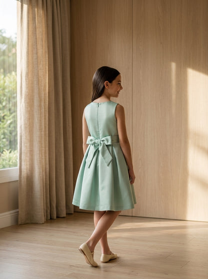 Vestido mikado verde con fajin de flores rosas