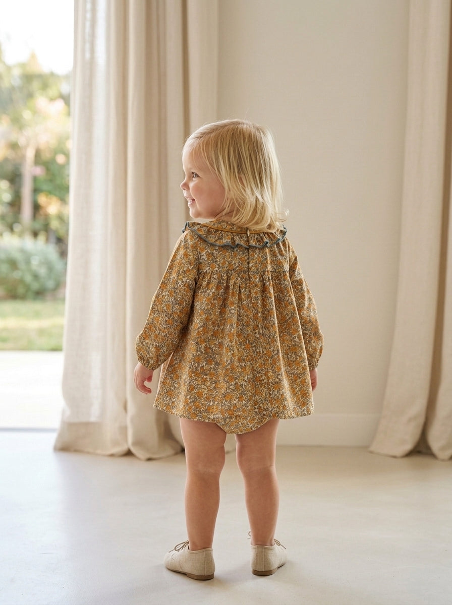 Vestido estampado flores turquesas y mostazas "Simba"