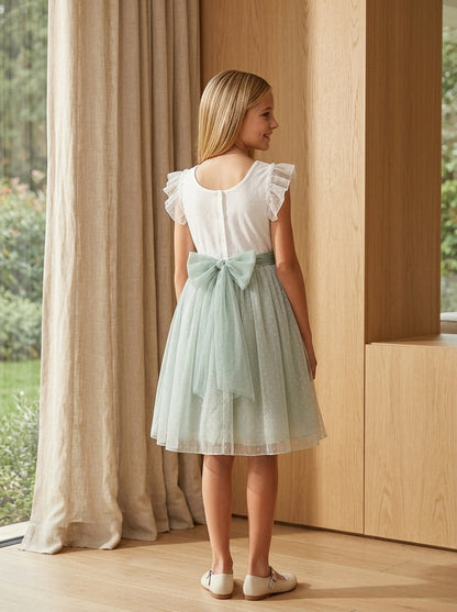 Vestido tul verde empolvado con manguita volante