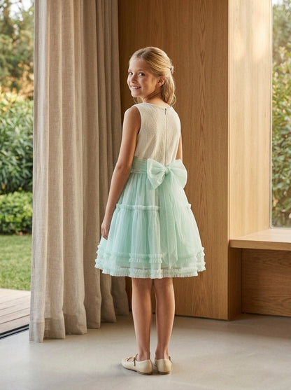 Vestido cuerpo brocado verde y falda tul verde mint