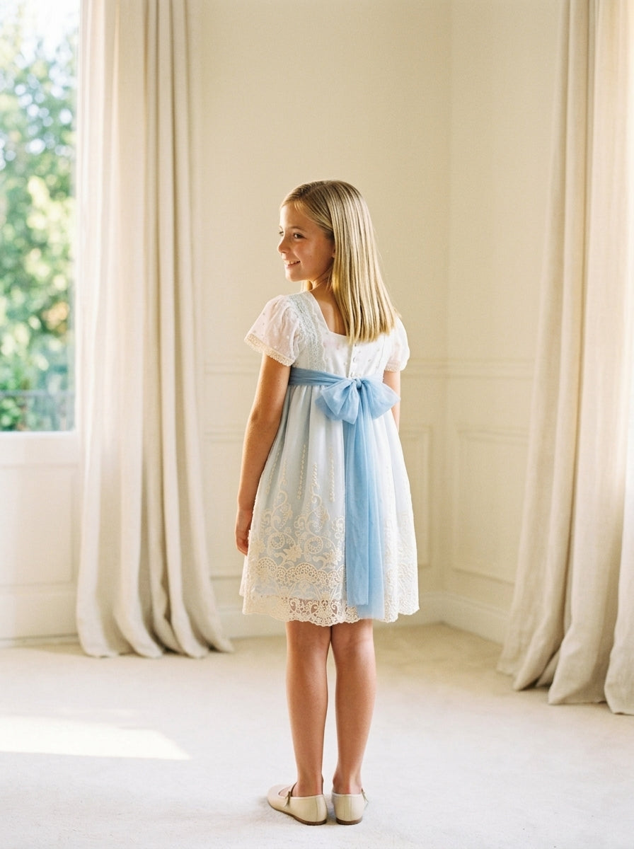 Vestido talle alto tul bordado azul