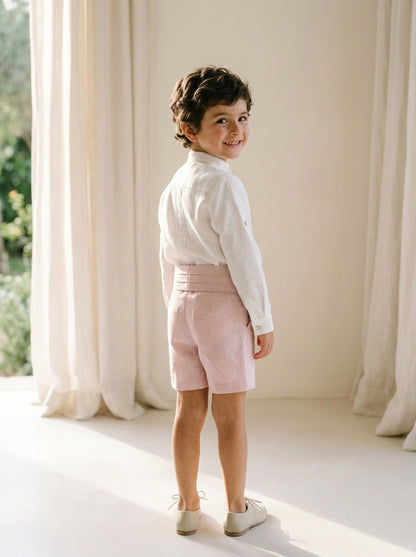 Conjunto camisa beig, short y fajín rosa