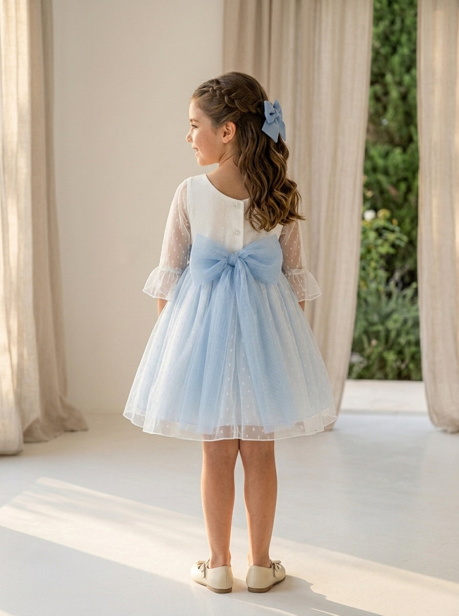 Vestido tul de plumeti blanco y azul manga francesa