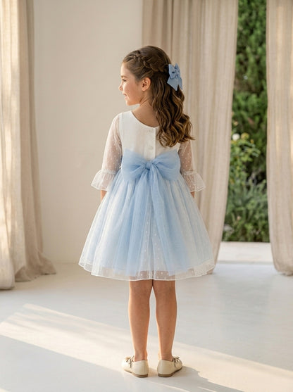 Vestido tul de plumeti blanco y azul manga francesa