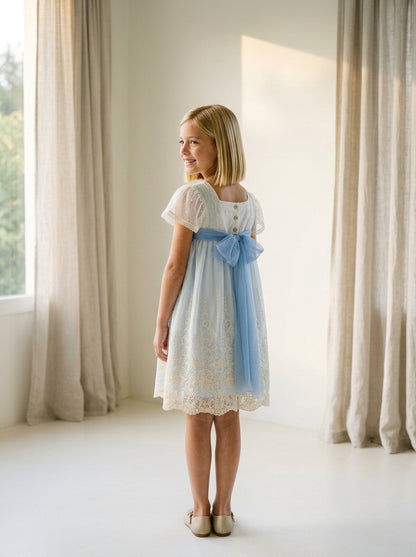 Vestido talle alto tul bordado azul