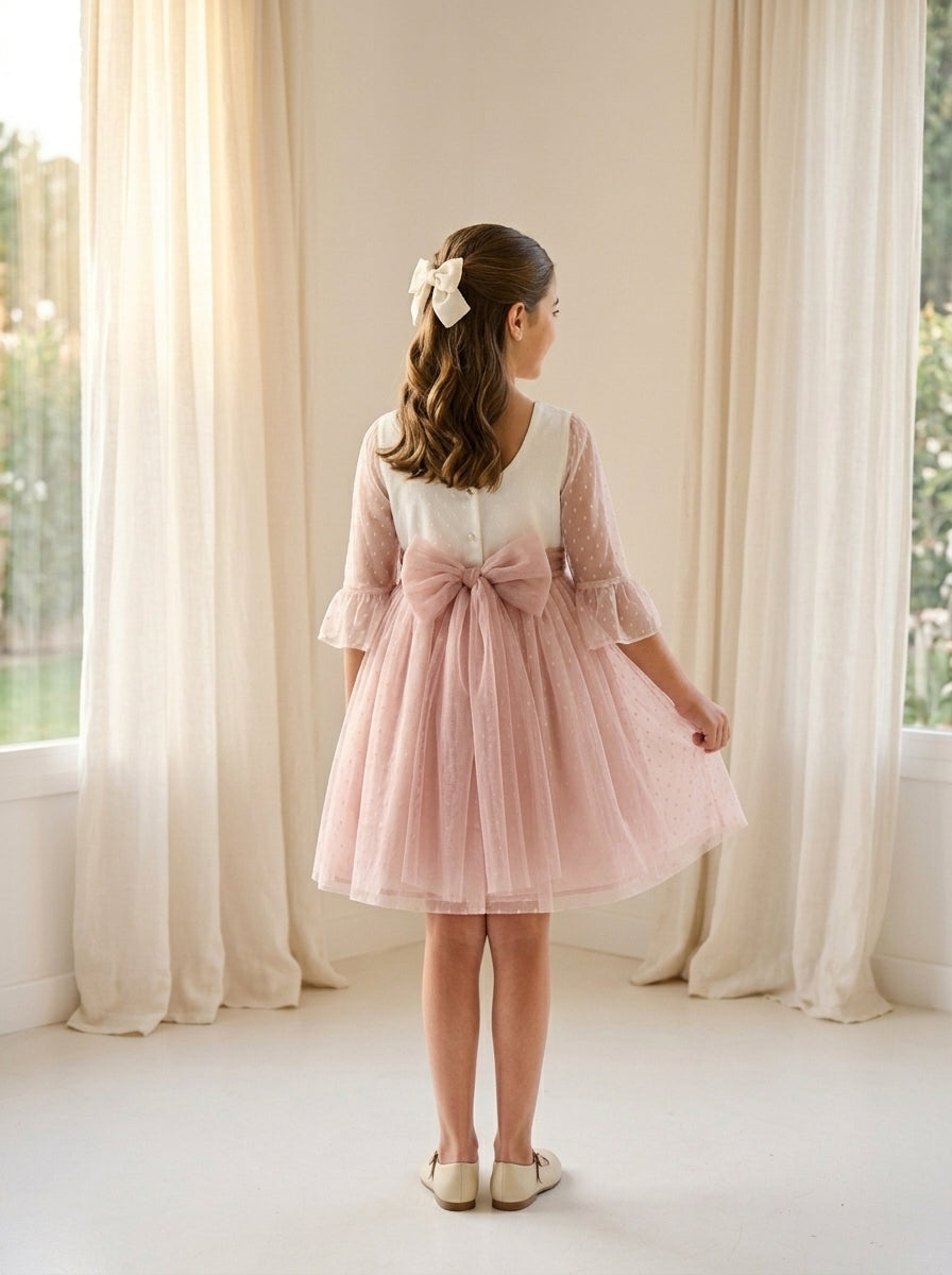 Vestido tul de plumeti blanco y azul manga francesa