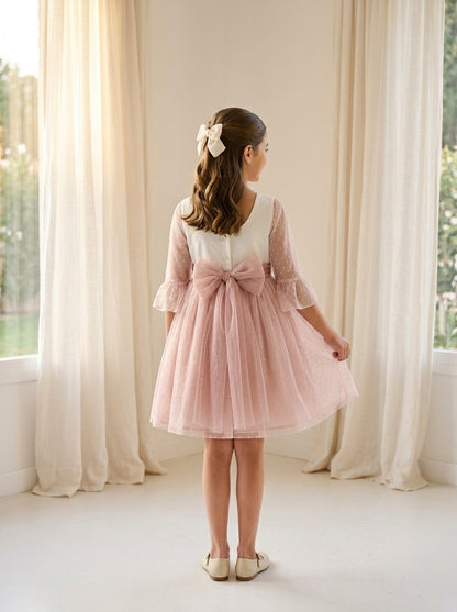 Vestido tul de plumeti blanco y azul manga francesa