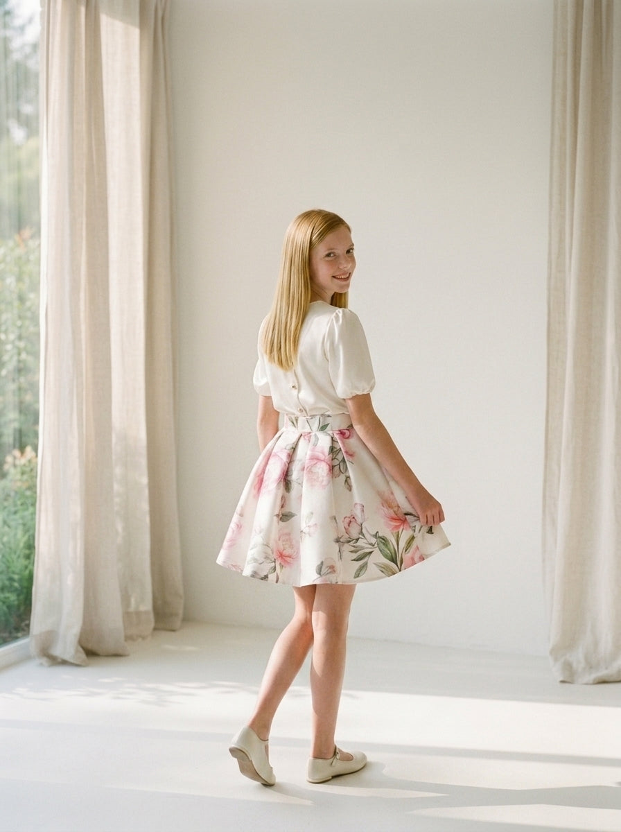 Conjunto blusa saten beig y falda estampada flores con rosetón