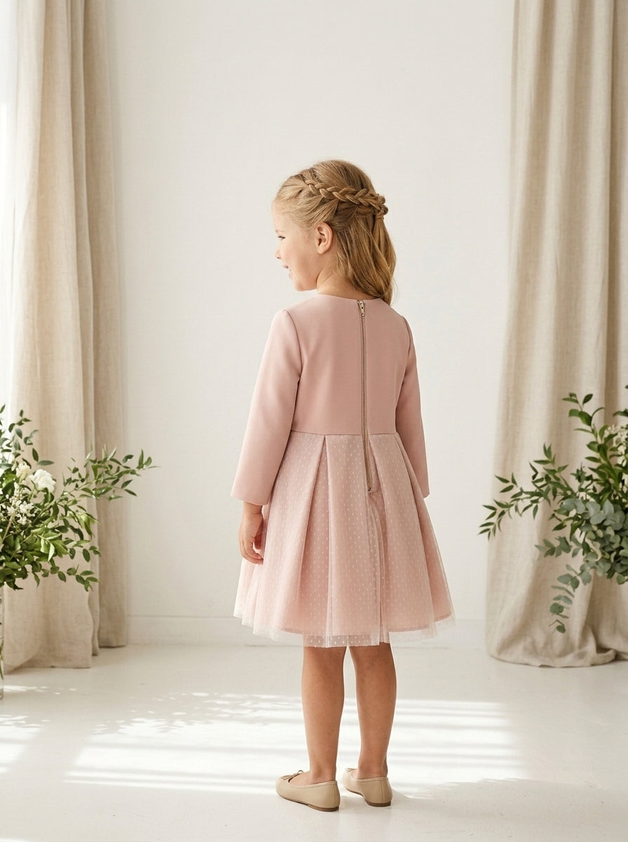 Vestido infantil neopreno y tul rosa empolvado con manga