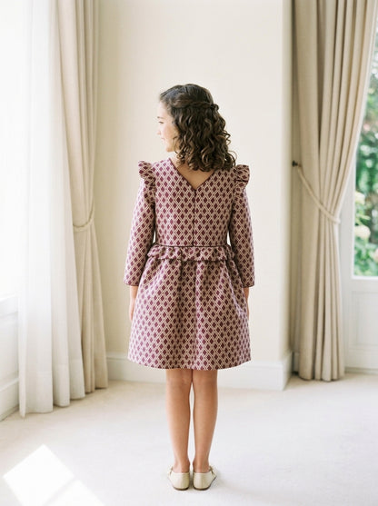 Vestido mikado rombos granates con volantes
