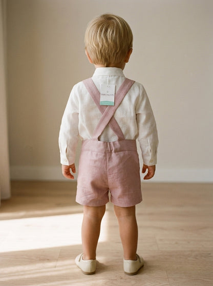 Conjunto camisa beig y short con tirantes rosa