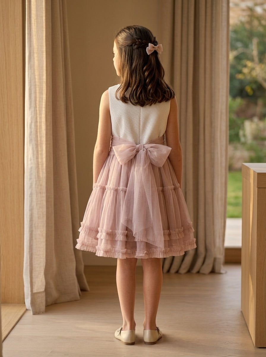 Vestido cuerpo brocado rosa y falda tul