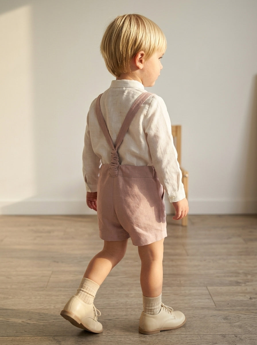 Conjunto camisa lino cuello mao y short tirantes rosa