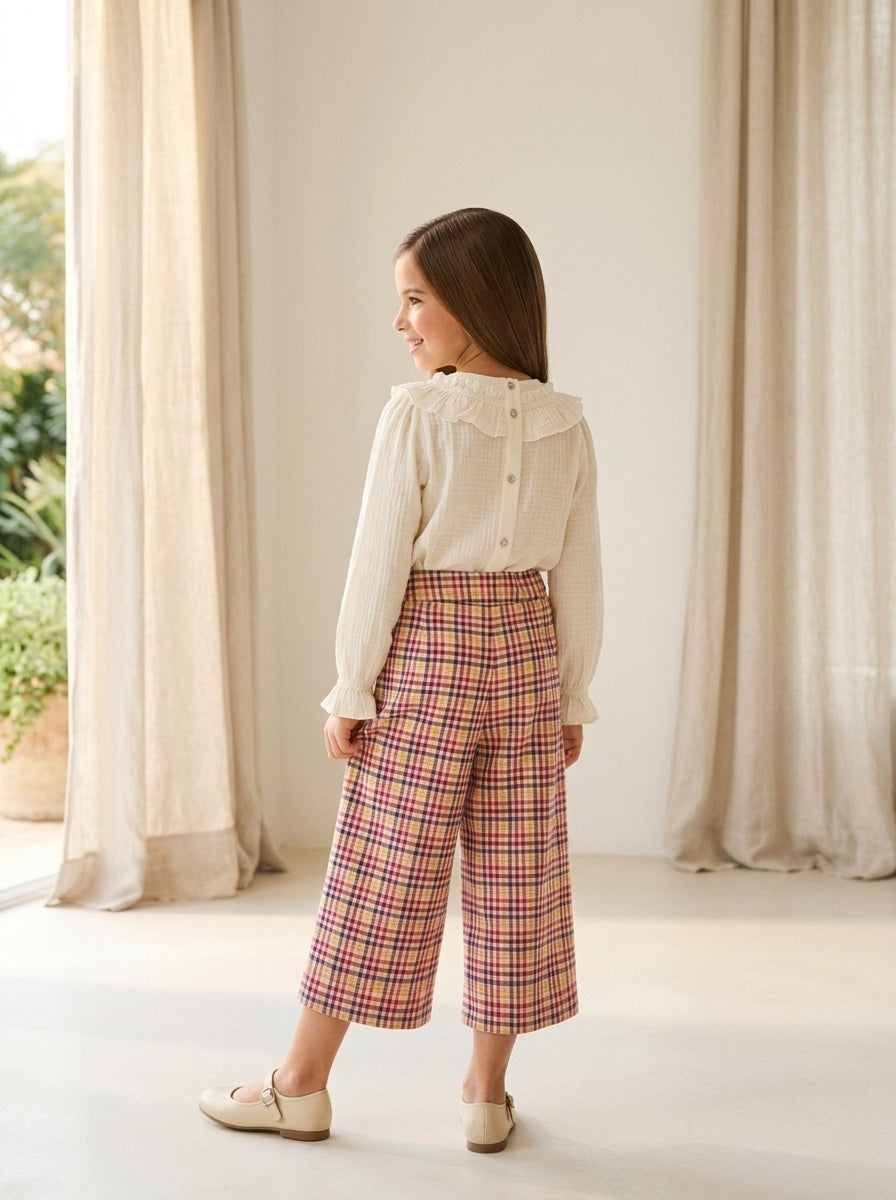 Pantalón culotte cuadros mostaza