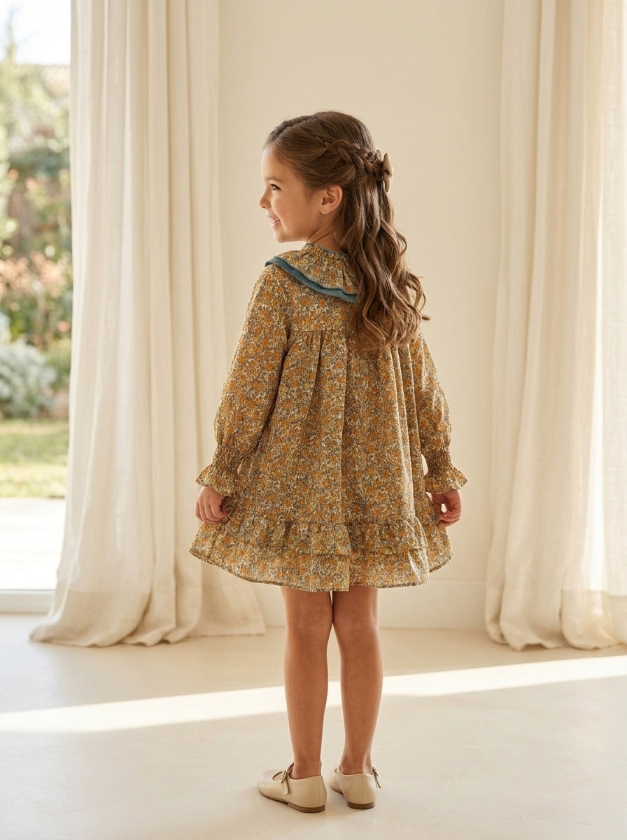 Vestido estampado flores turquesa y mostaza "Simba"