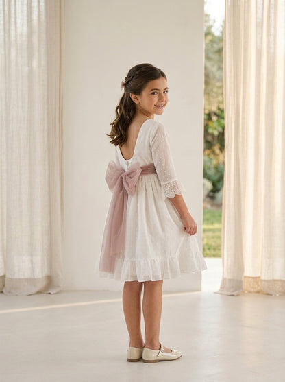 Vestido plumeti gasa blanca y fajin rosa empolvado GAIA