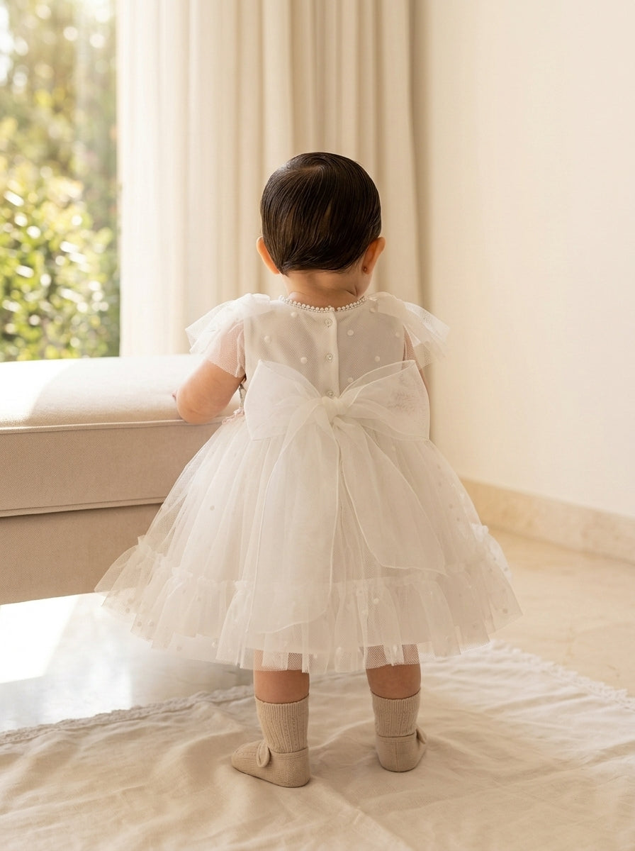 Vestido tul de plumeti blanco roto y puntilla guipur