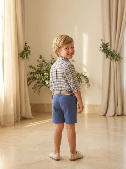 Camisa cuadros azules y marrones y short azul "Virginia"