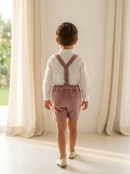 Conjunto camisa lino y short con tirantes terciopelo rosa con pajarita