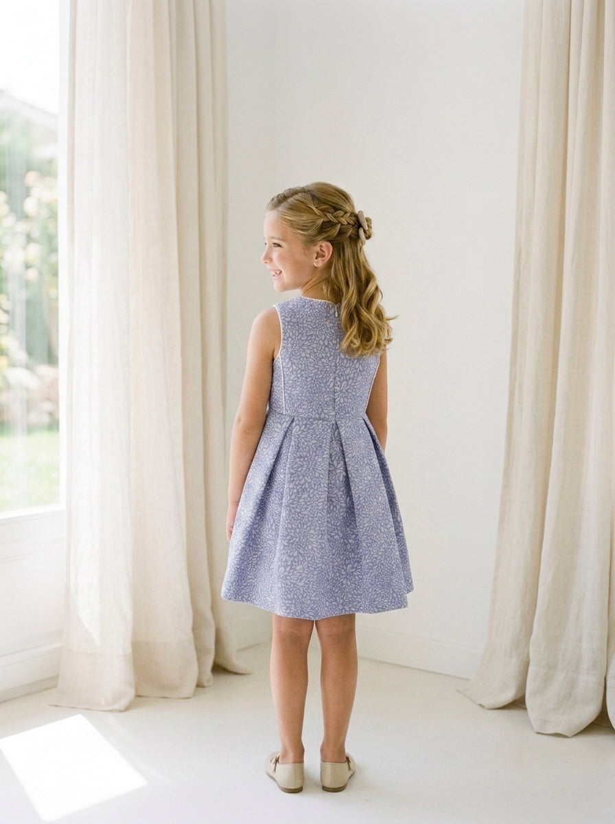 Vestido ceremonia azul rosell estampado con broche flores