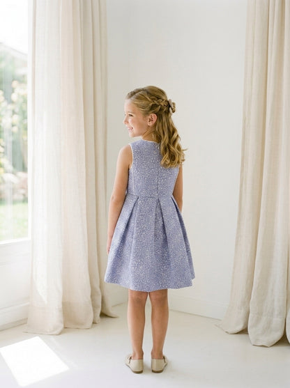 Vestido ceremonia azul rosell estampado con broche flores