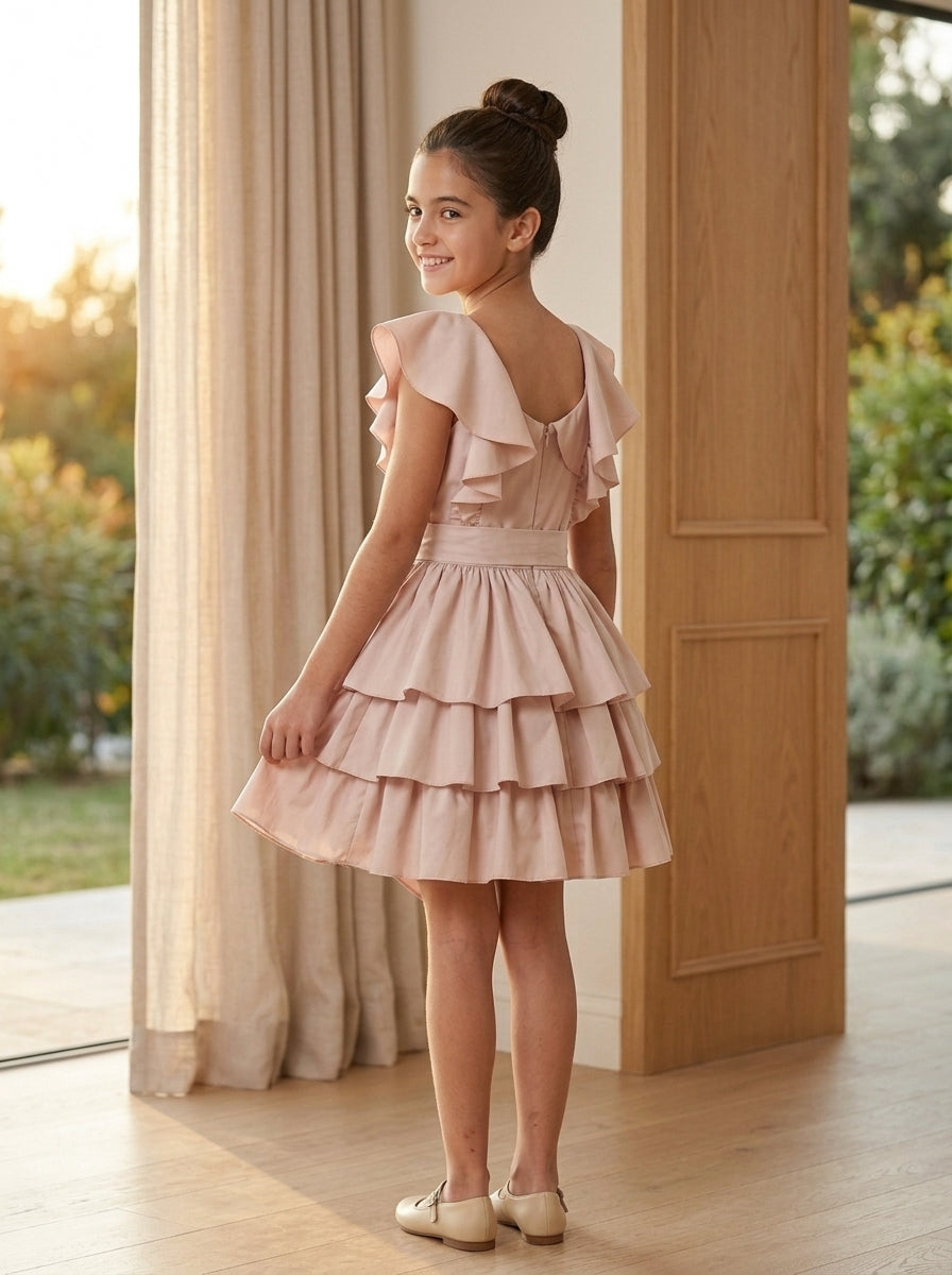 Vestido tafetan rosa maquillaje con volantes y lazada
