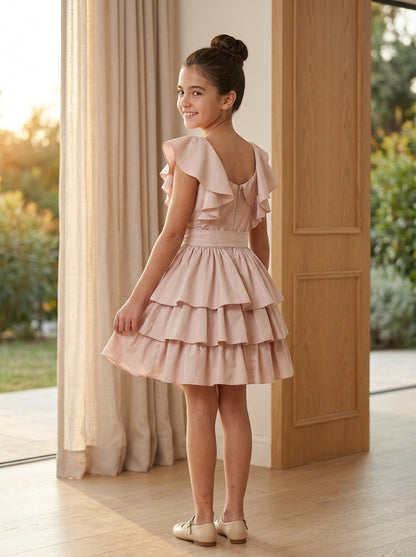 Vestido tafetan rosa maquillaje con volantes y lazada