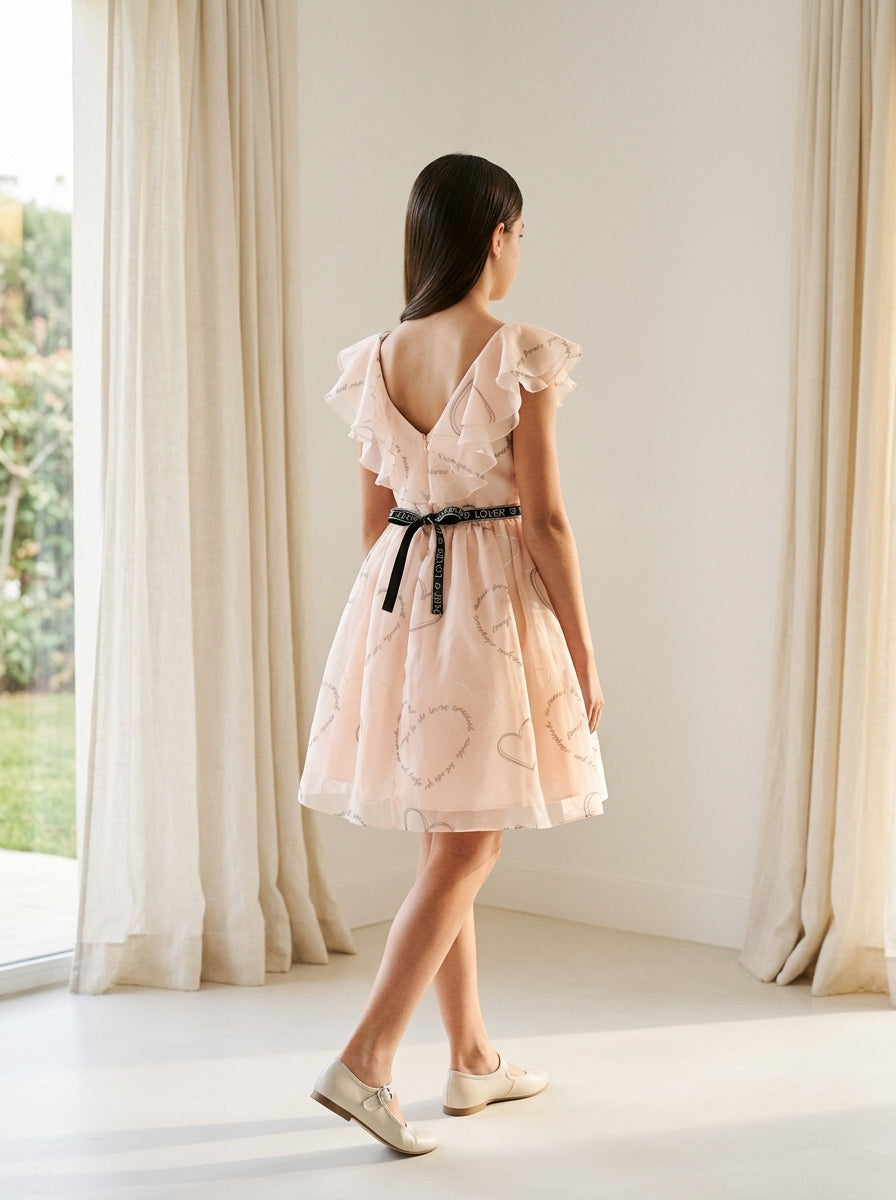 Vestido organza estampada en rosa nude