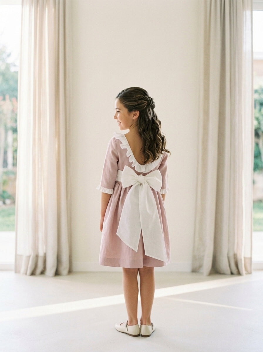 Vestido lino rosa maquillaje con manga corta