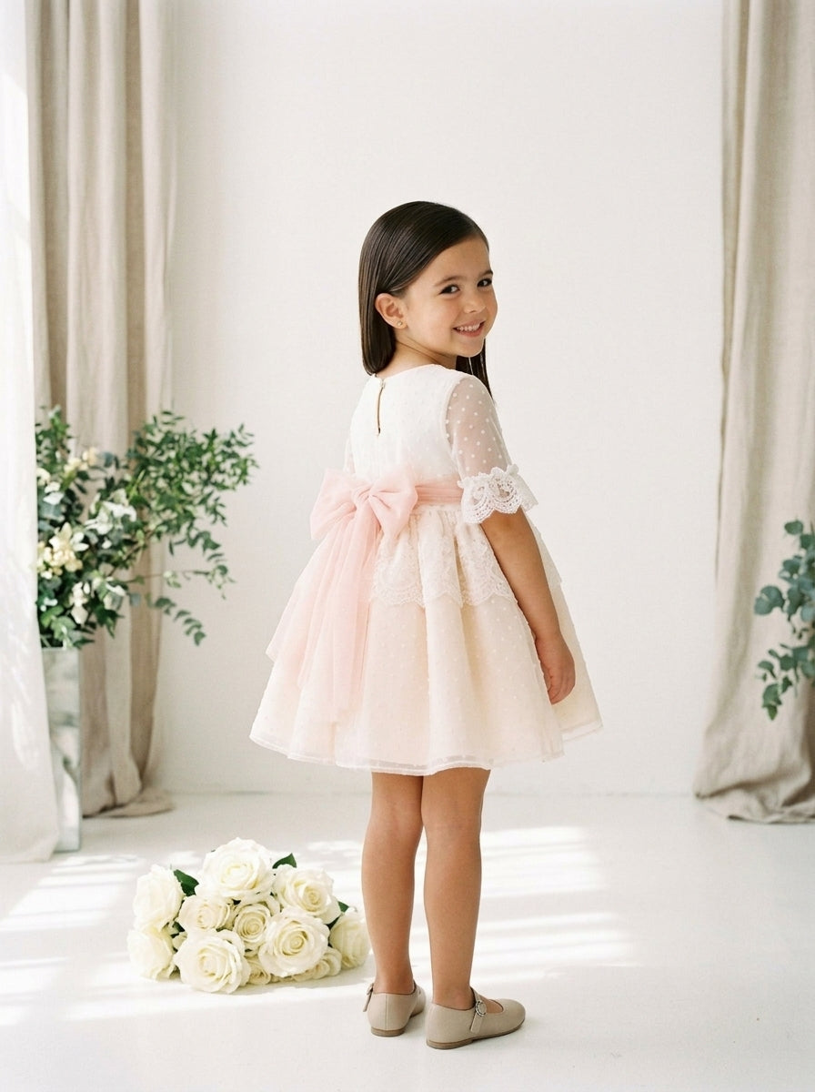 Vestido de tul de plumeti beig y rosa