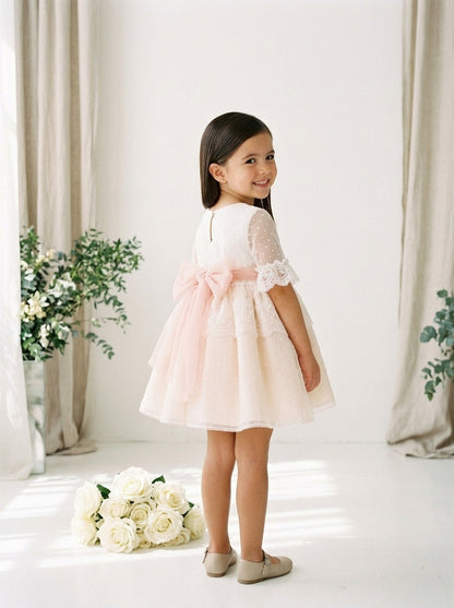 Vestido de tul de plumeti beig y rosa